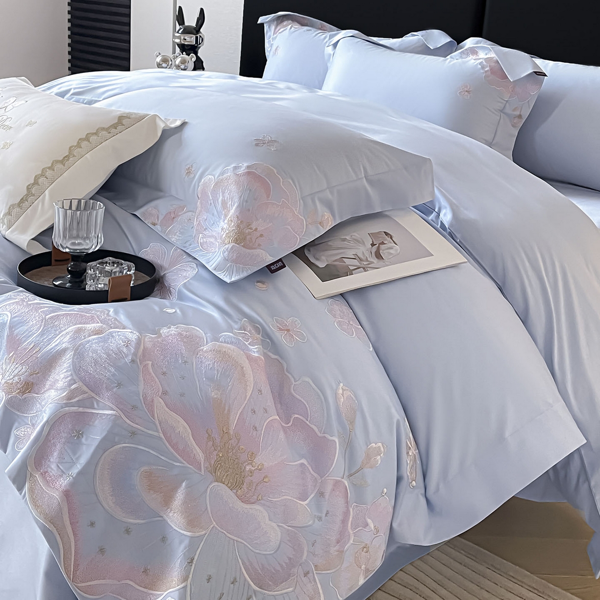 2026马年特惠新品A类长绒棉纯棉四件套100全棉重工刺绣被套床单床笠轻奢高级感床上用品-花之语 花之语-慕蓝