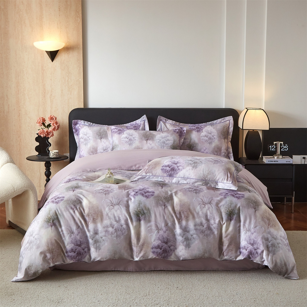 91家纺网 家纺一手货源 找家纺 曼秀琳 2026新款铂金棉数码印花四件套(全棉133*76) 可提供买家秀图片 沐雨花-紫