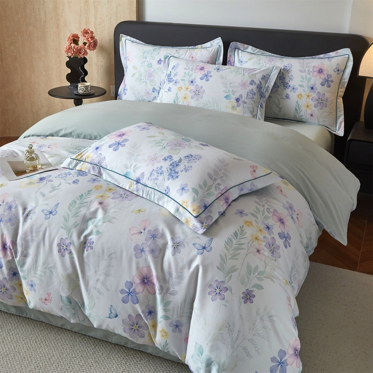 91家纺网 家纺一手货源 找家纺 曼秀琳 2026新款铂金棉数码印花四件套(全棉133*76) 可提供买家秀图片 林间织梦-兰