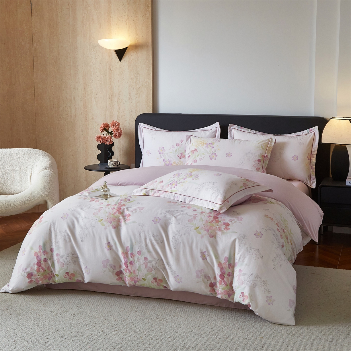 91家纺网 家纺一手货源 找家纺 曼秀琳 2026新款铂金棉数码印花四件套(全棉133*76) 可提供买家秀图片 洛璃-粉