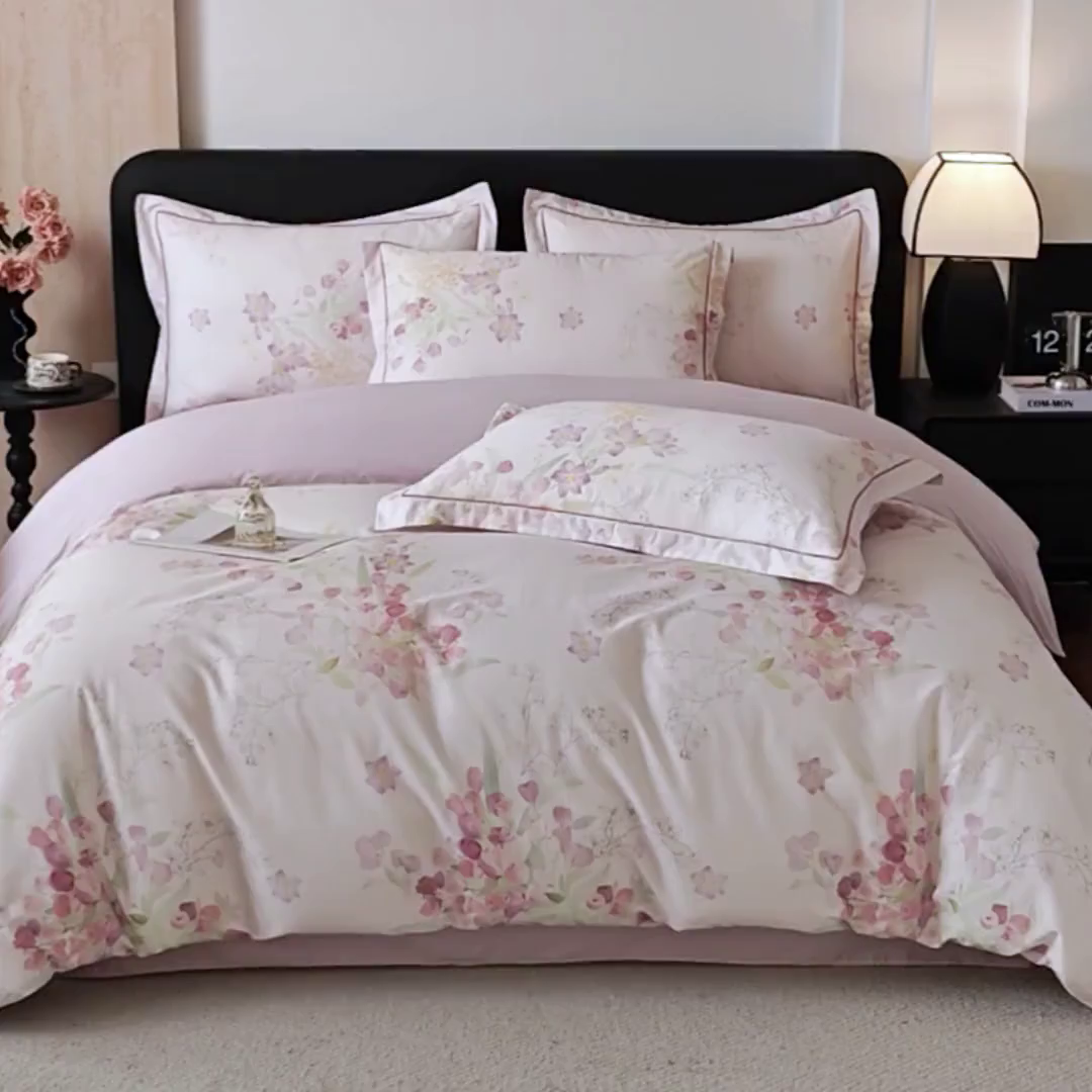 91家纺网 家纺一手货源 找家纺 曼秀琳 2026新款铂金棉数码印花四件套(全棉133*76) 可提供买家秀图片 洛璃-粉