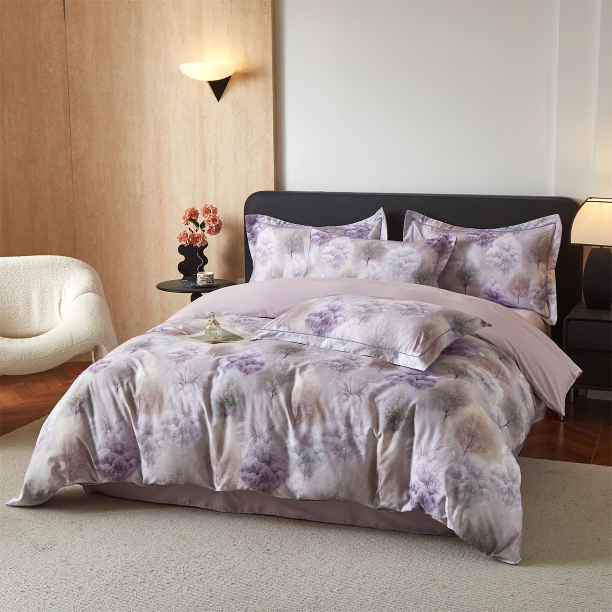 91家纺网 家纺一手货源 找家纺 曼秀琳 2026新款铂金棉数码印花四件套(全棉133*76) 可提供买家秀图片 沐雨花-紫