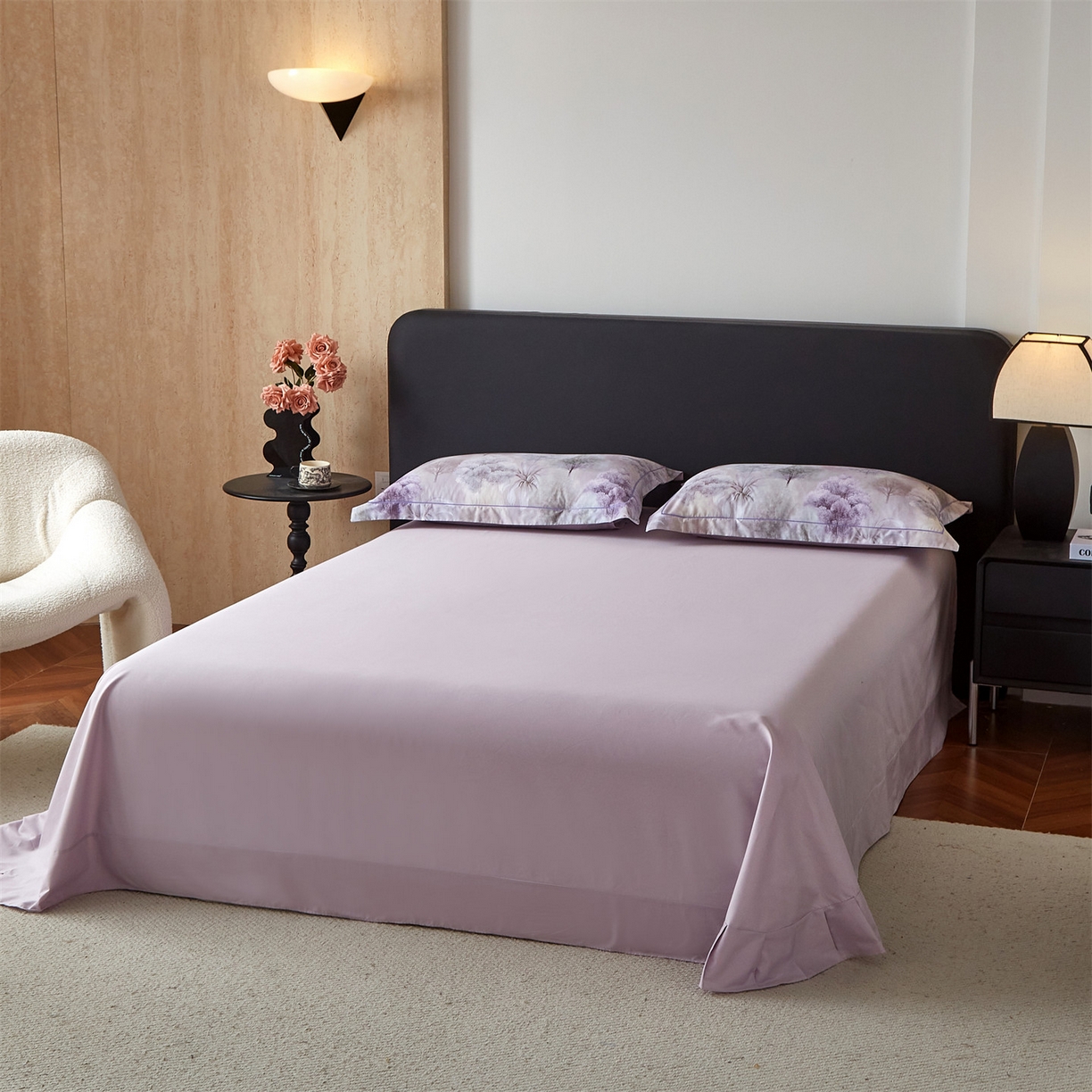 91家纺网 家纺一手货源 找家纺 曼秀琳 2026新款铂金棉数码印花四件套(全棉133*76) 可提供买家秀图片 沐雨花-紫