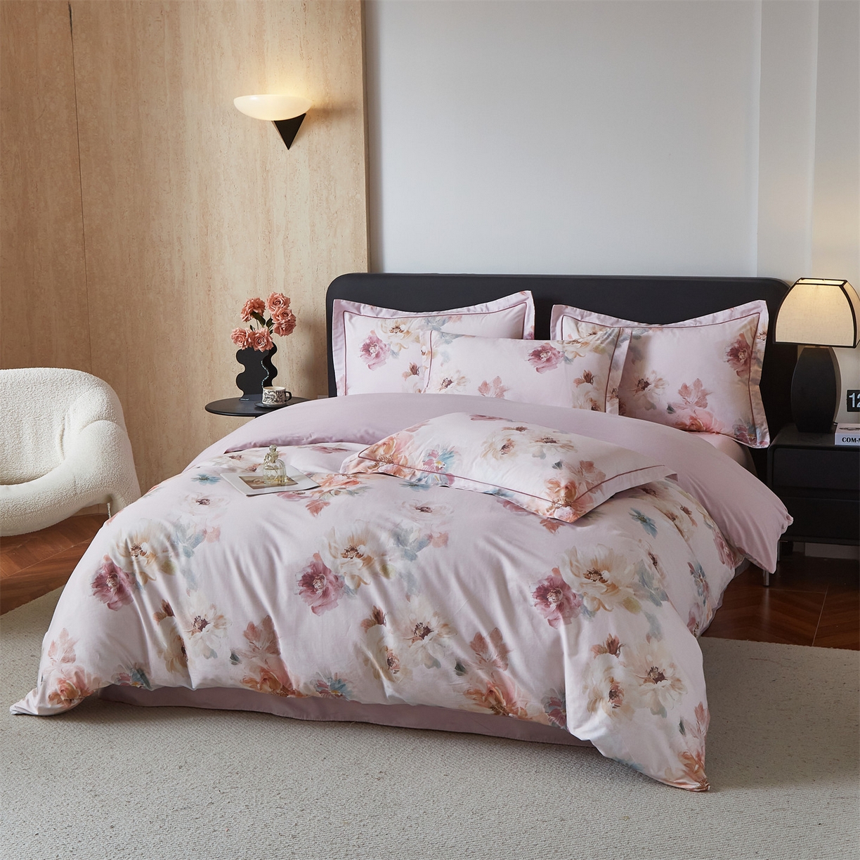 91家纺网 家纺一手货源 找家纺 曼秀琳 2026新款铂金棉数码印花四件套(全棉133*76) 可提供买家秀图片 诗歆-粉