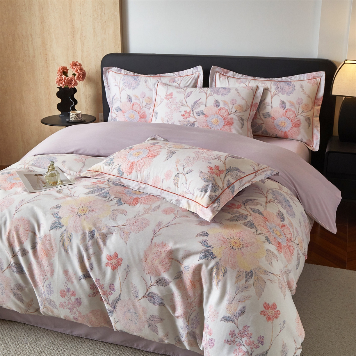 91家纺网 家纺一手货源 找家纺 曼秀琳 2026新款铂金棉数码印花四件套(全棉133*76) 可提供买家秀图片 舒曼-粉