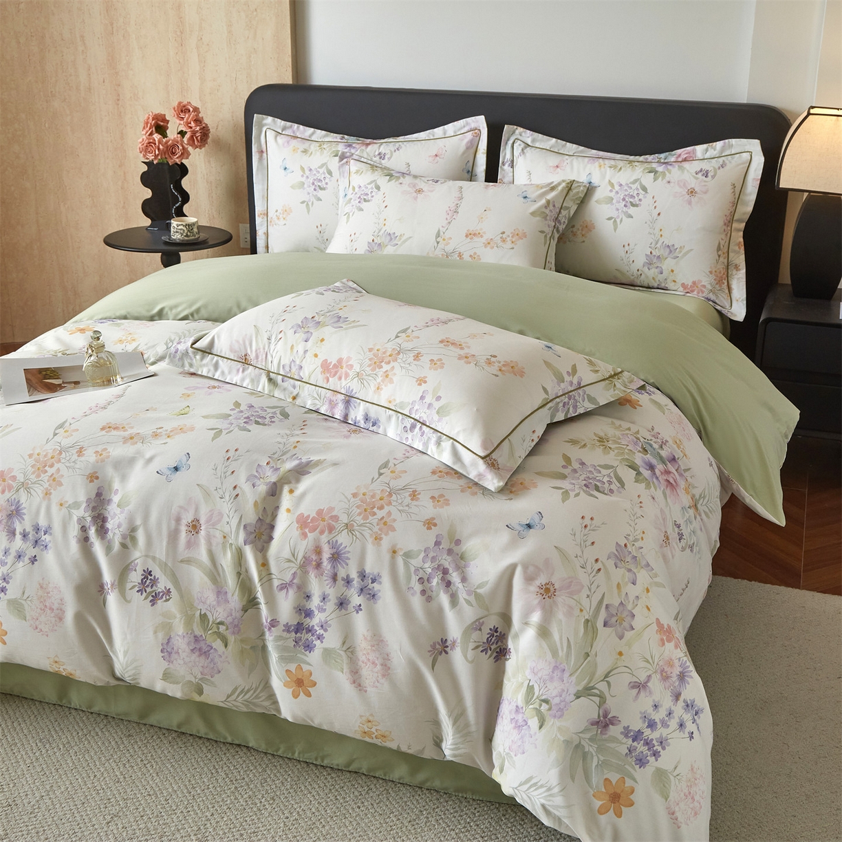 91家纺网 家纺一手货源 找家纺 曼秀琳 2026新款铂金棉数码印花四件套(全棉133*76) 可提供买家秀图片 陶然雅居-绿