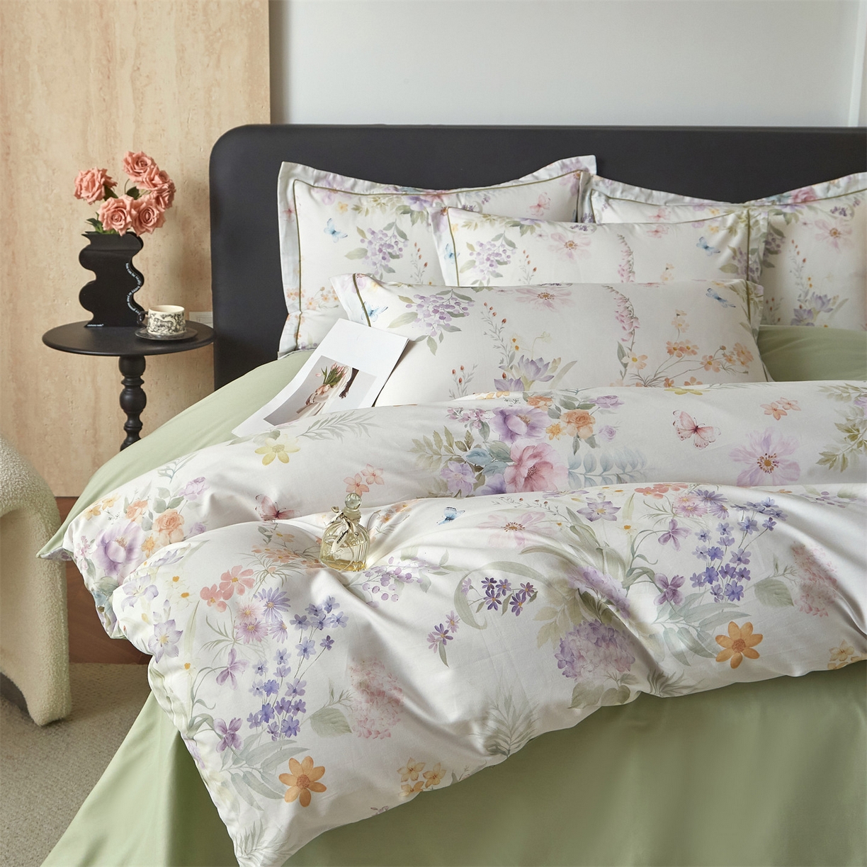 91家纺网 家纺一手货源 找家纺 曼秀琳 2026新款铂金棉数码印花四件套(全棉133*76) 可提供买家秀图片 陶然雅居-绿