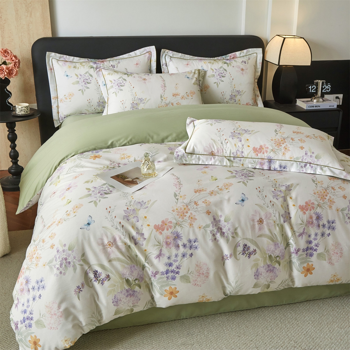 91家纺网 家纺一手货源 找家纺 曼秀琳 2026新款铂金棉数码印花四件套(全棉133*76) 可提供买家秀图片 陶然雅居-绿