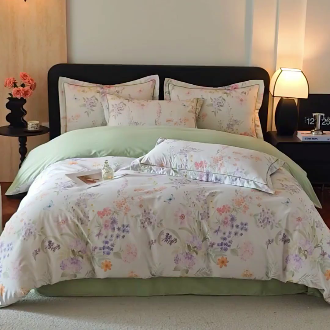 91家纺网 家纺一手货源 找家纺 曼秀琳 2026新款铂金棉数码印花四件套(全棉133*76) 可提供买家秀图片 陶然雅居-绿