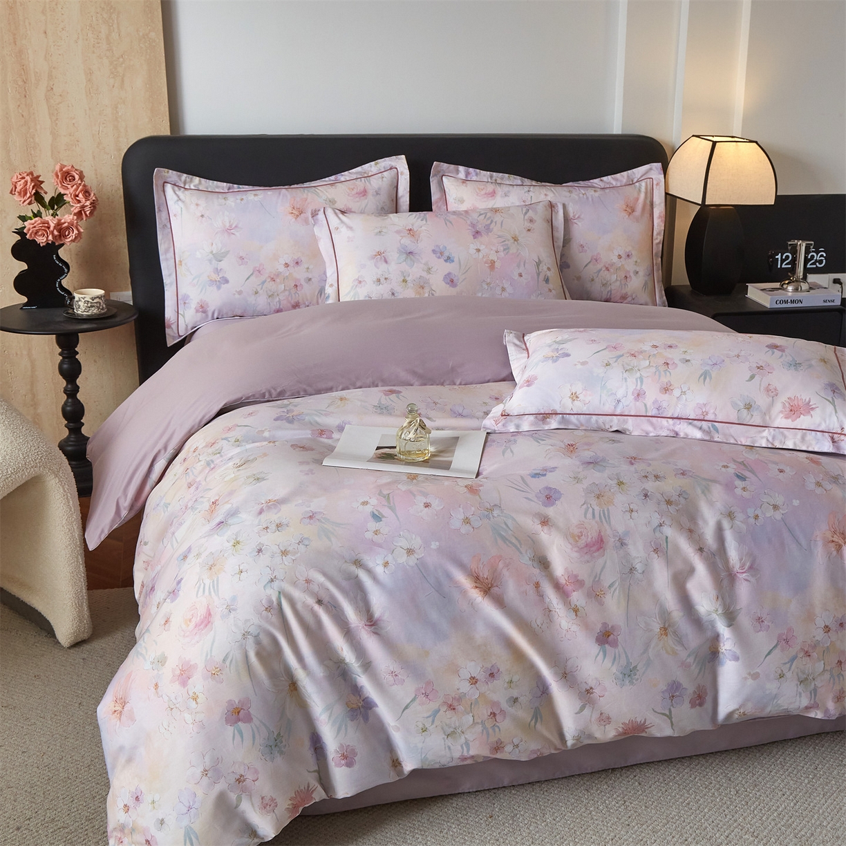 91家纺网 家纺一手货源 找家纺 曼秀琳 2026新款铂金棉数码印花四件套(全棉133*76) 可提供买家秀图片 甜梦-粉