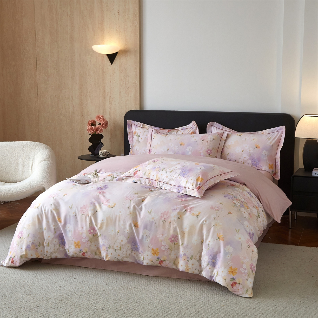 91家纺网 家纺一手货源 找家纺 曼秀琳 2026新款铂金棉数码印花四件套(全棉133*76) 可提供买家秀图片 逸风随香-粉