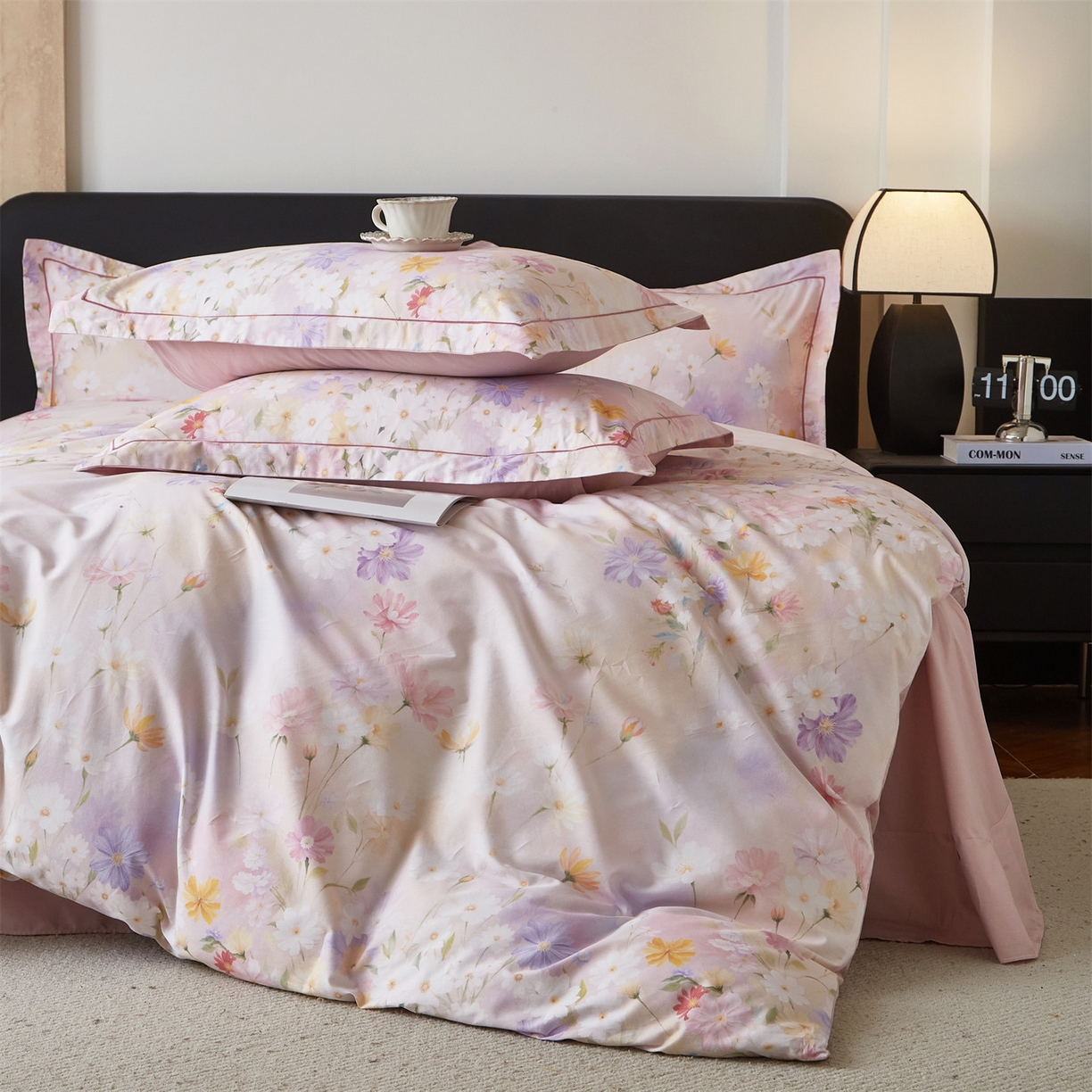 91家纺网 家纺一手货源 找家纺 曼秀琳 2026新款铂金棉数码印花四件套(全棉133*76) 可提供买家秀图片 逸风随香-粉