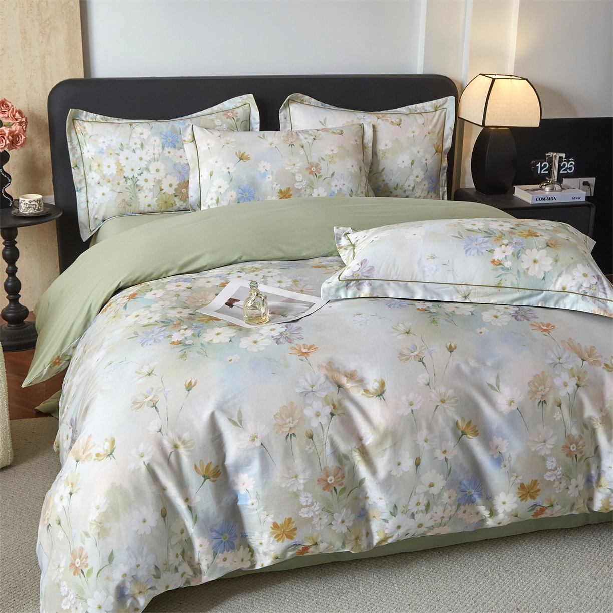 91家纺网 家纺一手货源 找家纺 曼秀琳 2026新款铂金棉数码印花四件套(全棉133*76) 可提供买家秀图片 逸风随香-绿