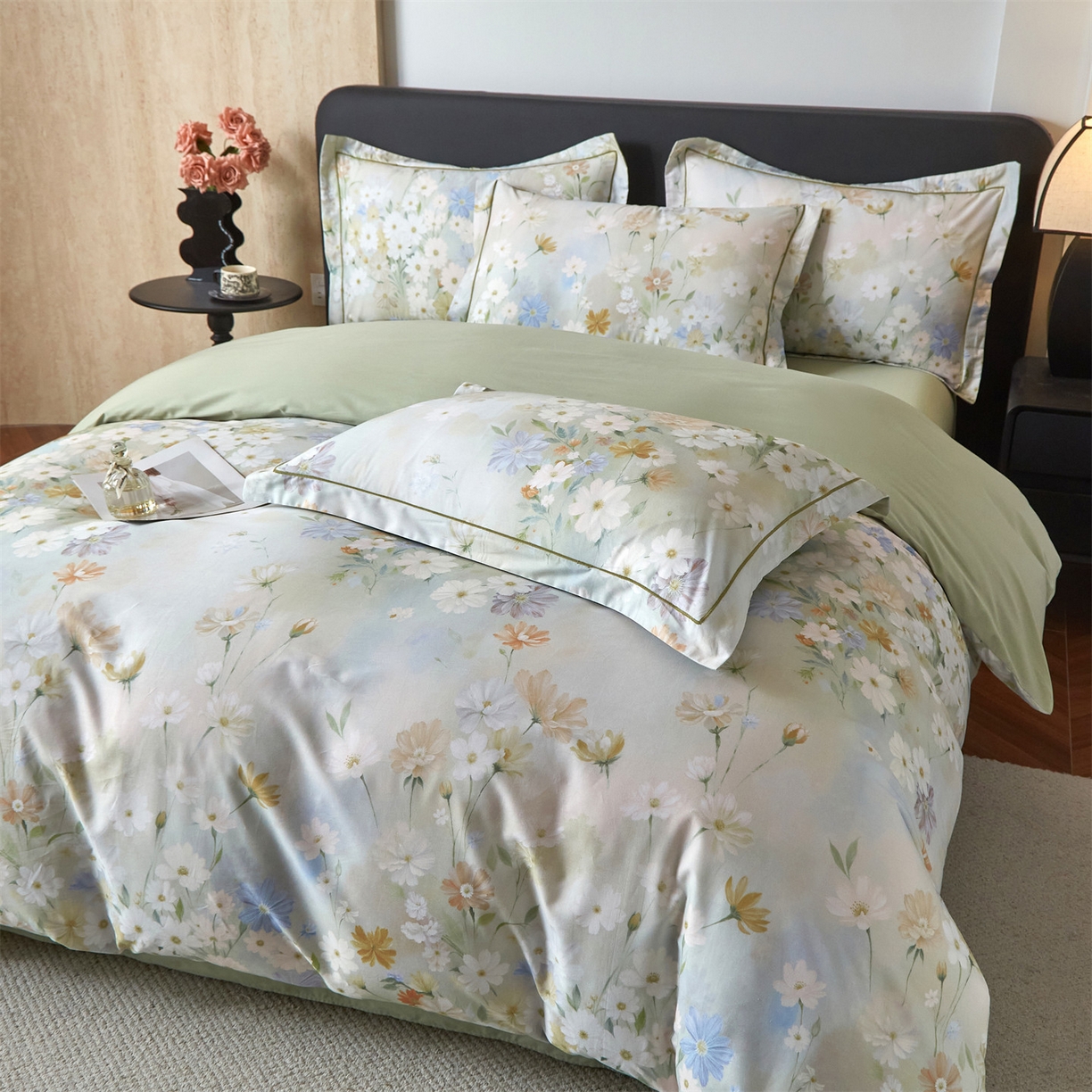 91家纺网 家纺一手货源 找家纺 曼秀琳 2026新款铂金棉数码印花四件套(全棉133*76) 可提供买家秀图片 逸风随香-绿