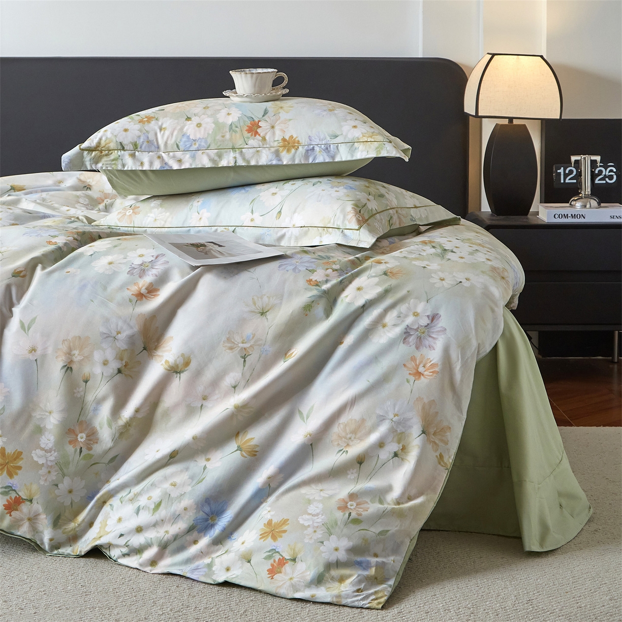 91家纺网 家纺一手货源 找家纺 曼秀琳 2026新款铂金棉数码印花四件套(全棉133*76) 可提供买家秀图片 逸风随香-绿