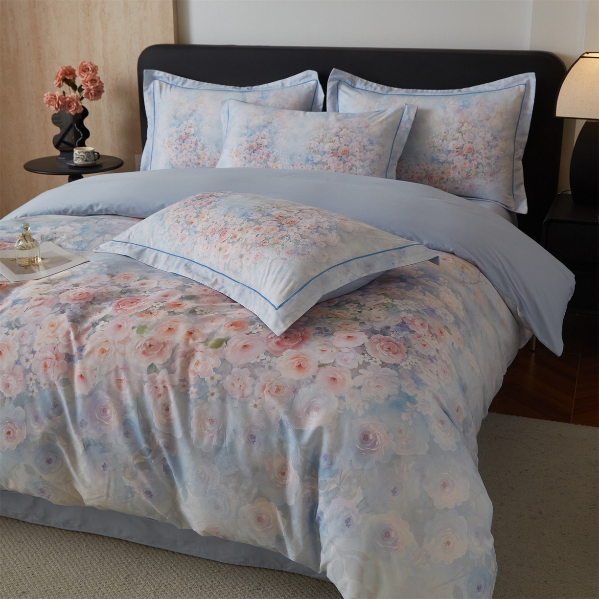 91家纺网 家纺一手货源 找家纺 曼秀琳 2026新款铂金棉数码印花四件套(全棉133*76) 可提供买家秀图片 油画意境-兰