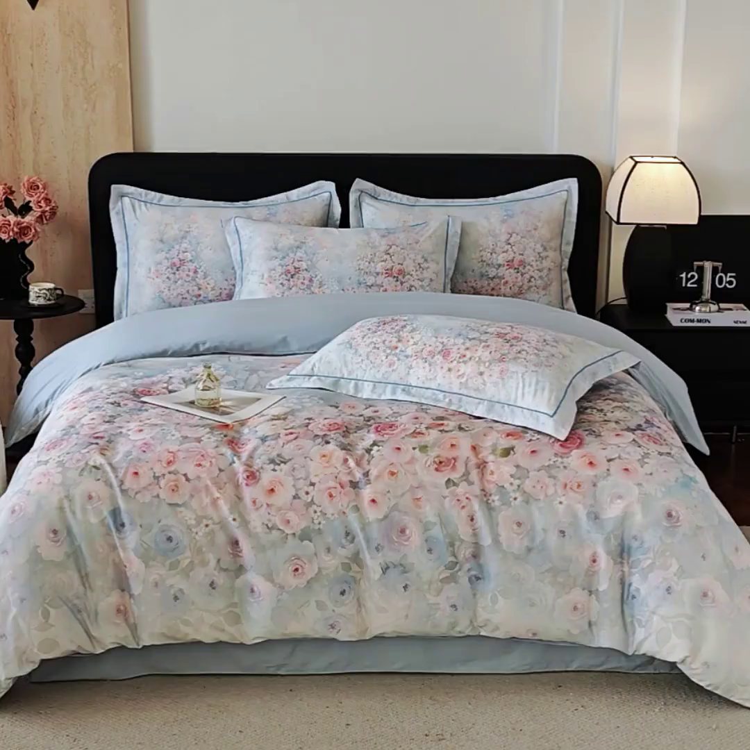 91家纺网 家纺一手货源 找家纺 曼秀琳 2026新款铂金棉数码印花四件套(全棉133*76) 可提供买家秀图片 油画意境-兰