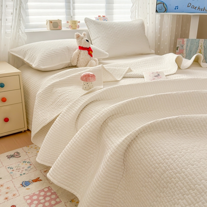 雅萱家纺 2026新款双面全棉高温砂洗床盖系列 白月光