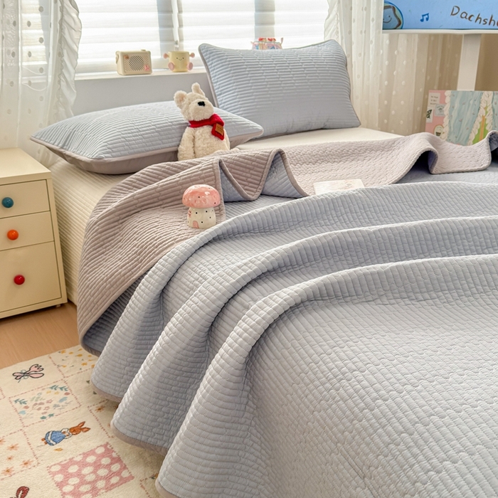 雅萱家纺 2026新款双面全棉高温砂洗床盖系列 浅灰蓝