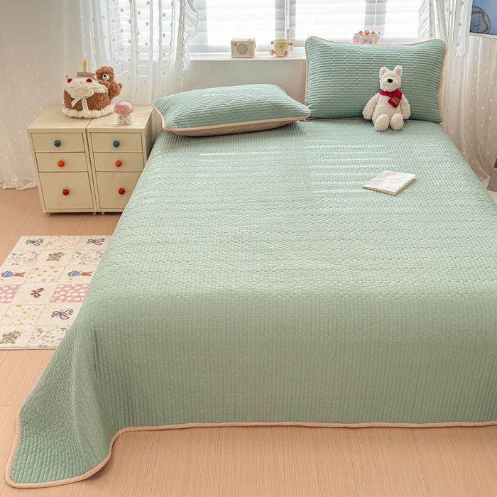 91家纺网 家纺一手货源 找家纺 雅萱家纺 2026新款双面全棉高温砂洗床盖系列 浅咖绿