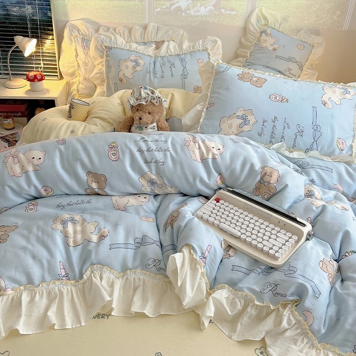 91家纺网 家纺一手货源 找家纺 瑞莱 2026春夏新款全棉纯棉印花韩系卡通花边四件套 奶油阿布蓝