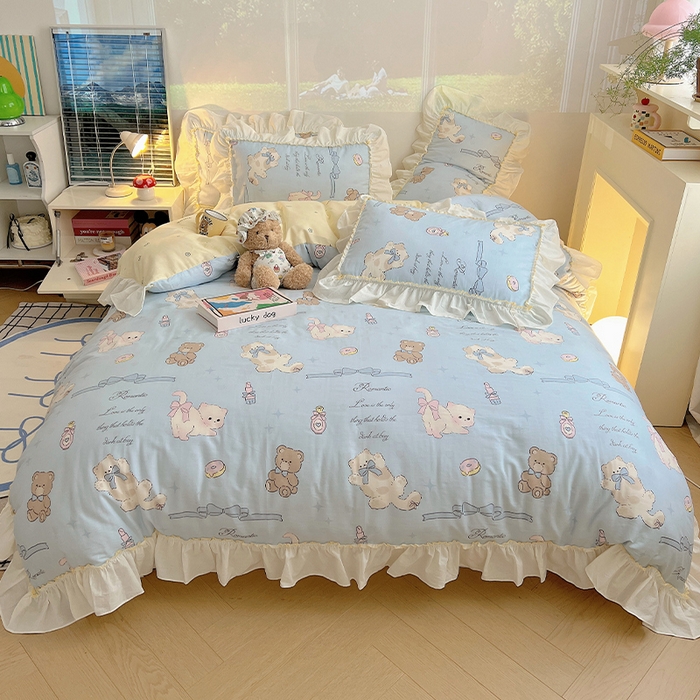 91家纺网 家纺一手货源 找家纺 瑞莱 2026春夏新款全棉纯棉印花韩系卡通花边四件套 奶油阿布蓝