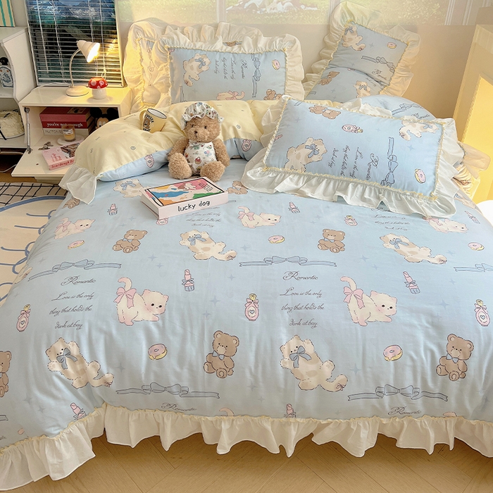 91家纺网 家纺一手货源 找家纺 瑞莱 2026春夏新款全棉纯棉印花韩系卡通花边四件套 奶油阿布蓝