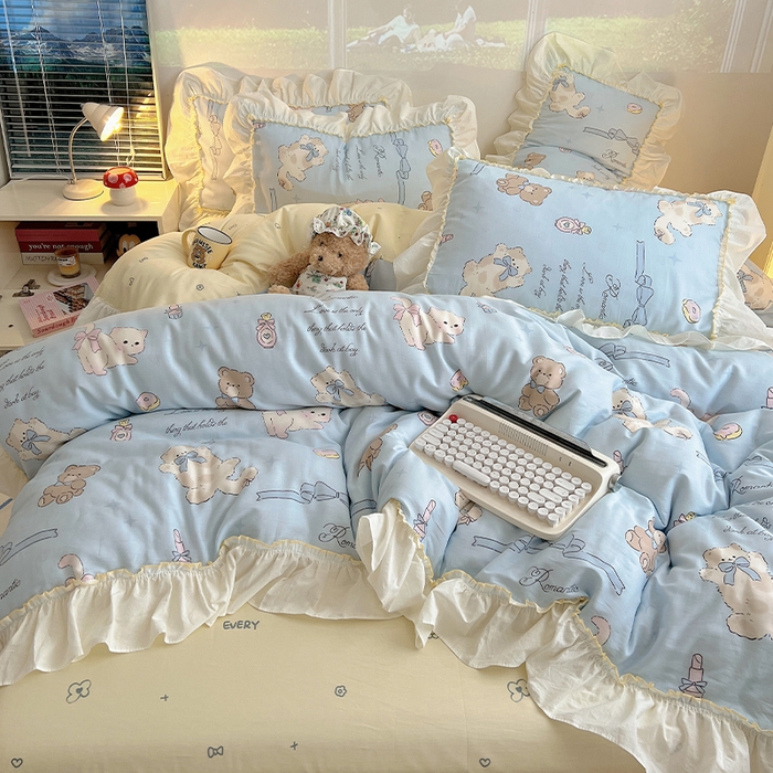 91家纺网 家纺一手货源 找家纺 瑞莱 2026春夏新款全棉纯棉印花韩系卡通花边四件套 奶油阿布蓝