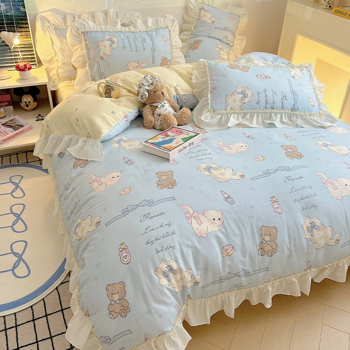 91家纺网 家纺一手货源 找家纺 瑞莱 2026春夏新款全棉纯棉印花韩系卡通花边四件套 奶油阿布蓝