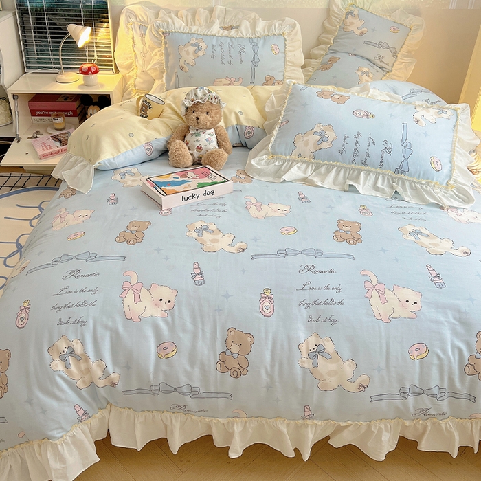 91家纺网 家纺一手货源 找家纺 瑞莱 2026春夏新款全棉纯棉印花韩系卡通花边四件套 奶油阿布蓝