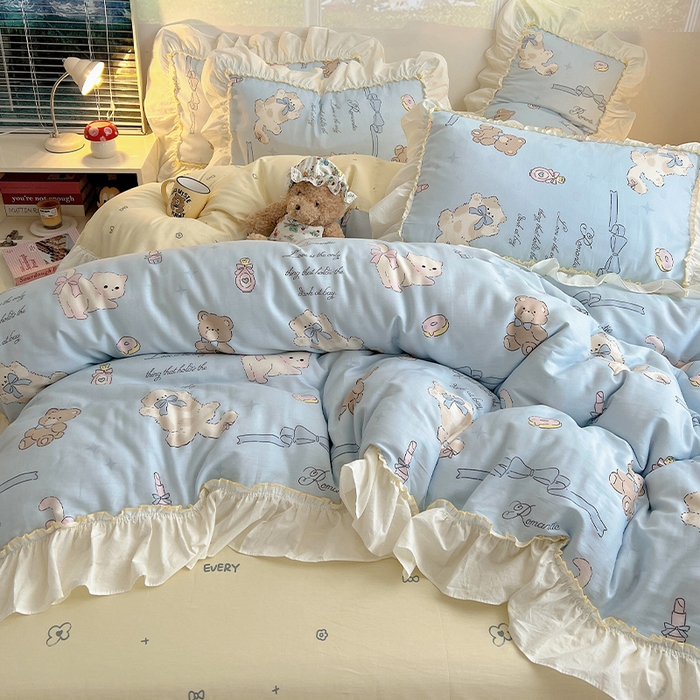 91家纺网 家纺一手货源 找家纺 瑞莱 2026春夏新款全棉纯棉印花韩系卡通花边四件套 奶油阿布蓝