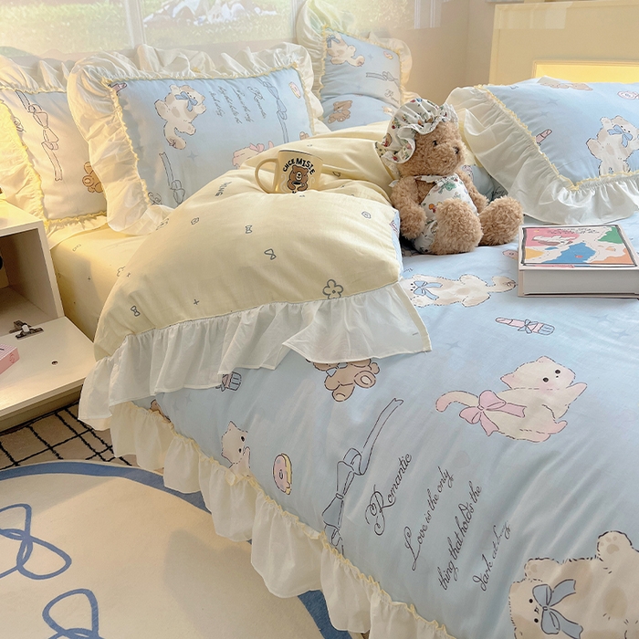 91家纺网 家纺一手货源 找家纺 瑞莱 2026春夏新款全棉纯棉印花韩系卡通花边四件套 奶油阿布蓝