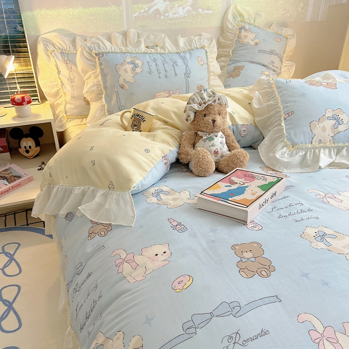 91家纺网 家纺一手货源 找家纺 瑞莱 2026春夏新款全棉纯棉印花韩系卡通花边四件套 奶油阿布蓝