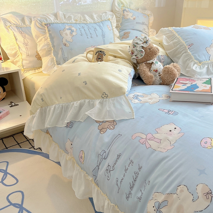 91家纺网 家纺一手货源 找家纺 瑞莱 2026春夏新款全棉纯棉印花韩系卡通花边四件套 奶油阿布蓝