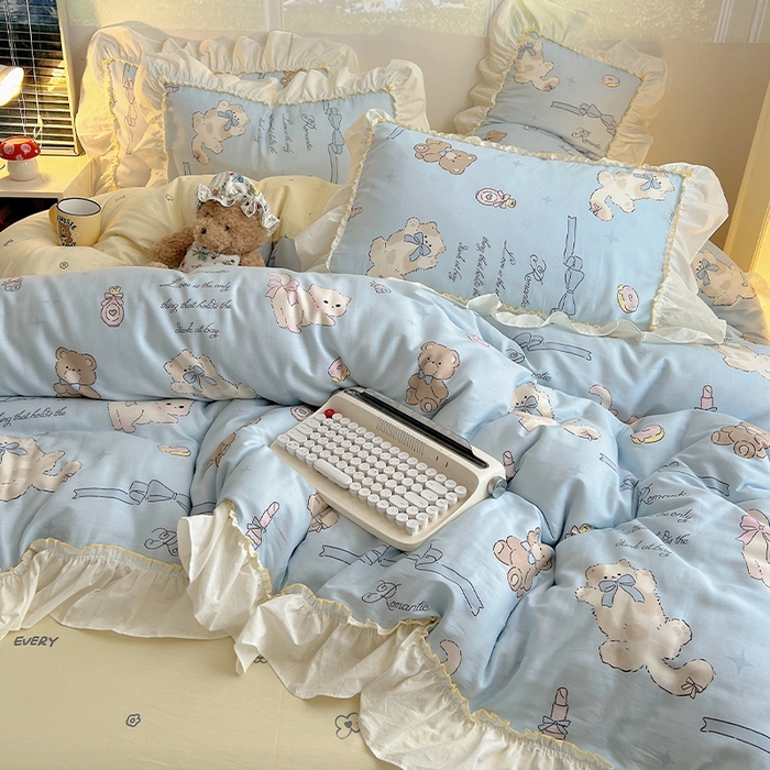 91家纺网 家纺一手货源 找家纺 瑞莱 2026春夏新款全棉纯棉印花韩系卡通花边四件套 奶油阿布蓝