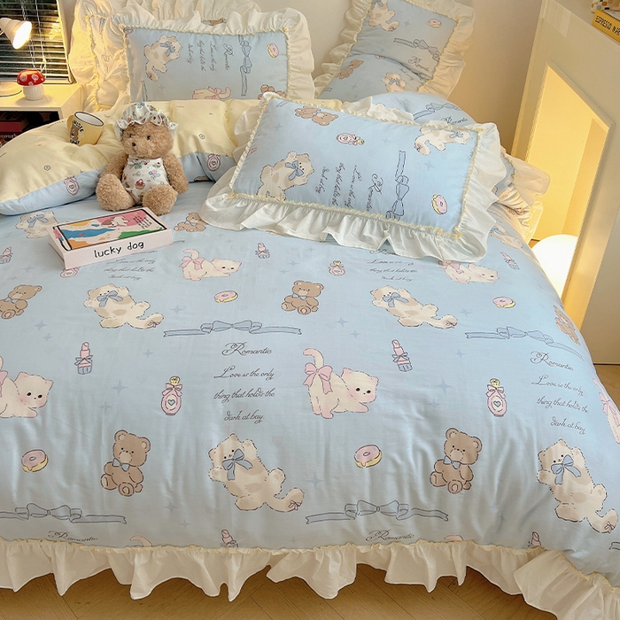 91家纺网 家纺一手货源 找家纺 瑞莱 2026春夏新款全棉纯棉印花韩系卡通花边四件套 奶油阿布蓝