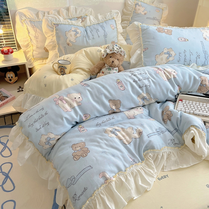 91家纺网 家纺一手货源 找家纺 瑞莱 2026春夏新款全棉纯棉印花韩系卡通花边四件套 奶油阿布蓝