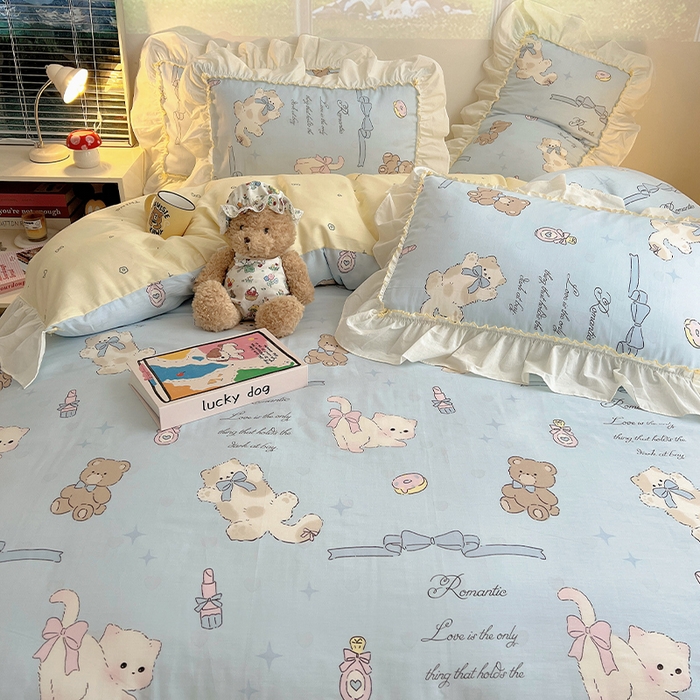 91家纺网 家纺一手货源 找家纺 瑞莱 2026春夏新款全棉纯棉印花韩系卡通花边四件套 奶油阿布蓝