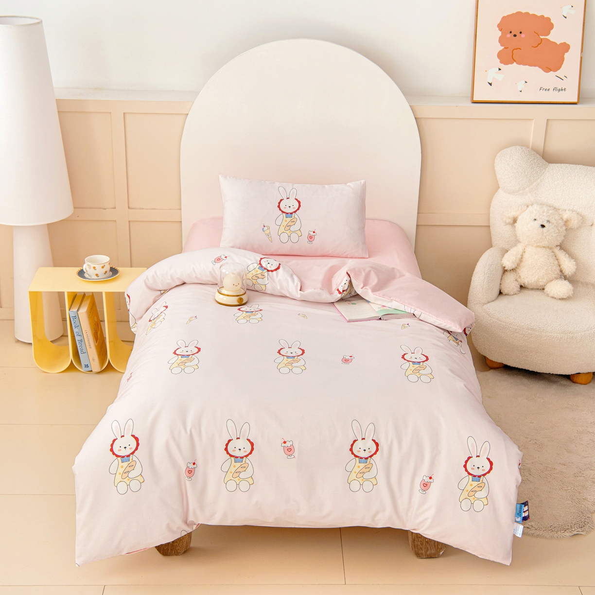 91家纺网 家纺一手货源 找家纺 御棉坊 2026新款A类全棉纯棉40S数码印花幼儿园入园三件套被子宝宝午睡被芯六件套 冰激凌小兔