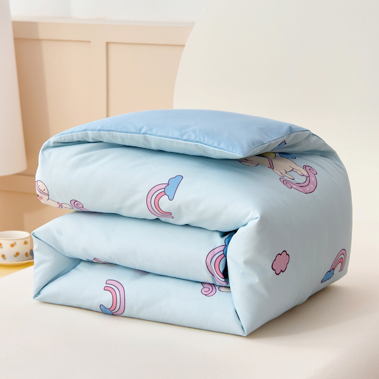 91家纺网 家纺一手货源 找家纺 御棉坊 2026新款A类全棉纯棉40S数码印花幼儿园入园三件套被子宝宝午睡被芯六件套 彩虹小马