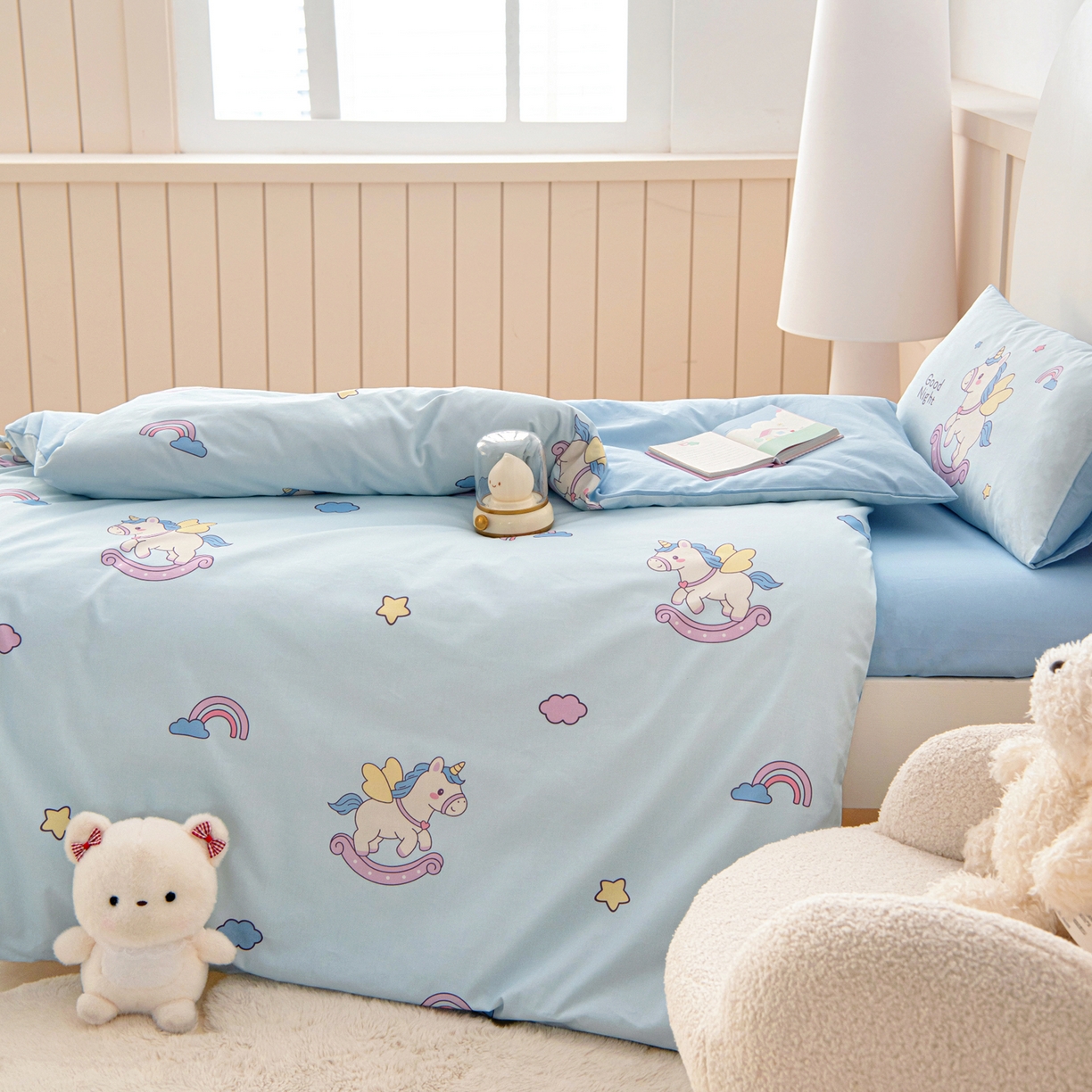 91家纺网 家纺一手货源 找家纺 御棉坊 2026新款A类全棉纯棉40S数码印花幼儿园入园三件套被子宝宝午睡被芯六件套 彩虹小马