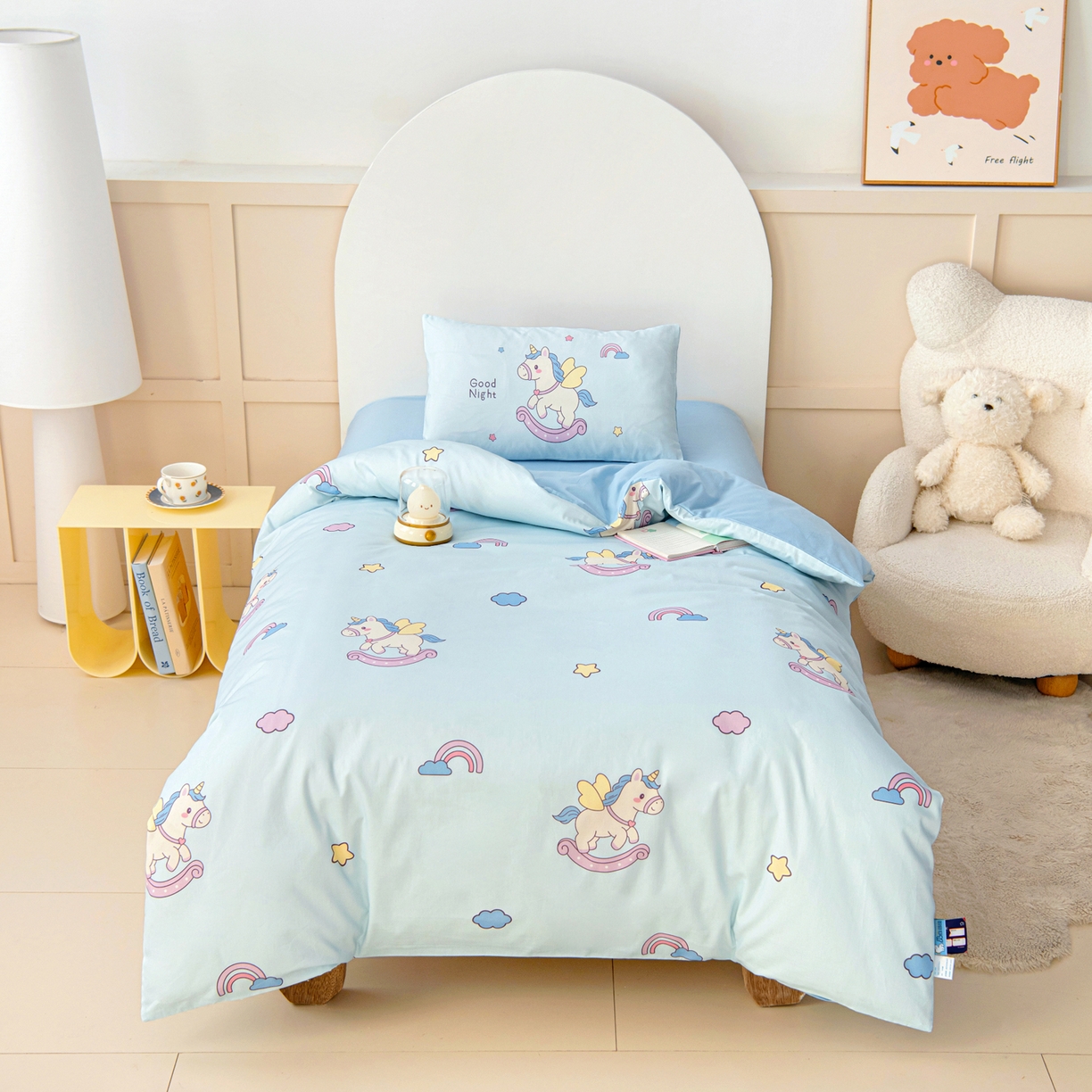 91家纺网 家纺一手货源 找家纺 御棉坊 2026新款A类全棉纯棉40S数码印花幼儿园入园三件套被子宝宝午睡被芯六件套 彩虹小马