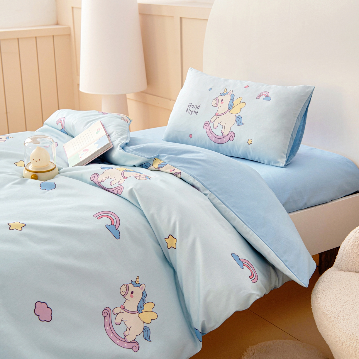 91家纺网 家纺一手货源 找家纺 御棉坊 2026新款A类全棉纯棉40S数码印花幼儿园入园三件套被子宝宝午睡被芯六件套 彩虹小马