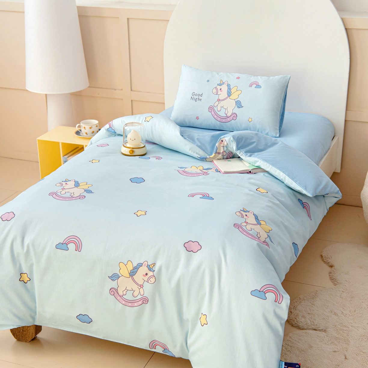 91家纺网 家纺一手货源 找家纺 御棉坊 2026新款A类全棉纯棉40S数码印花幼儿园入园三件套被子宝宝午睡被芯六件套 彩虹小马