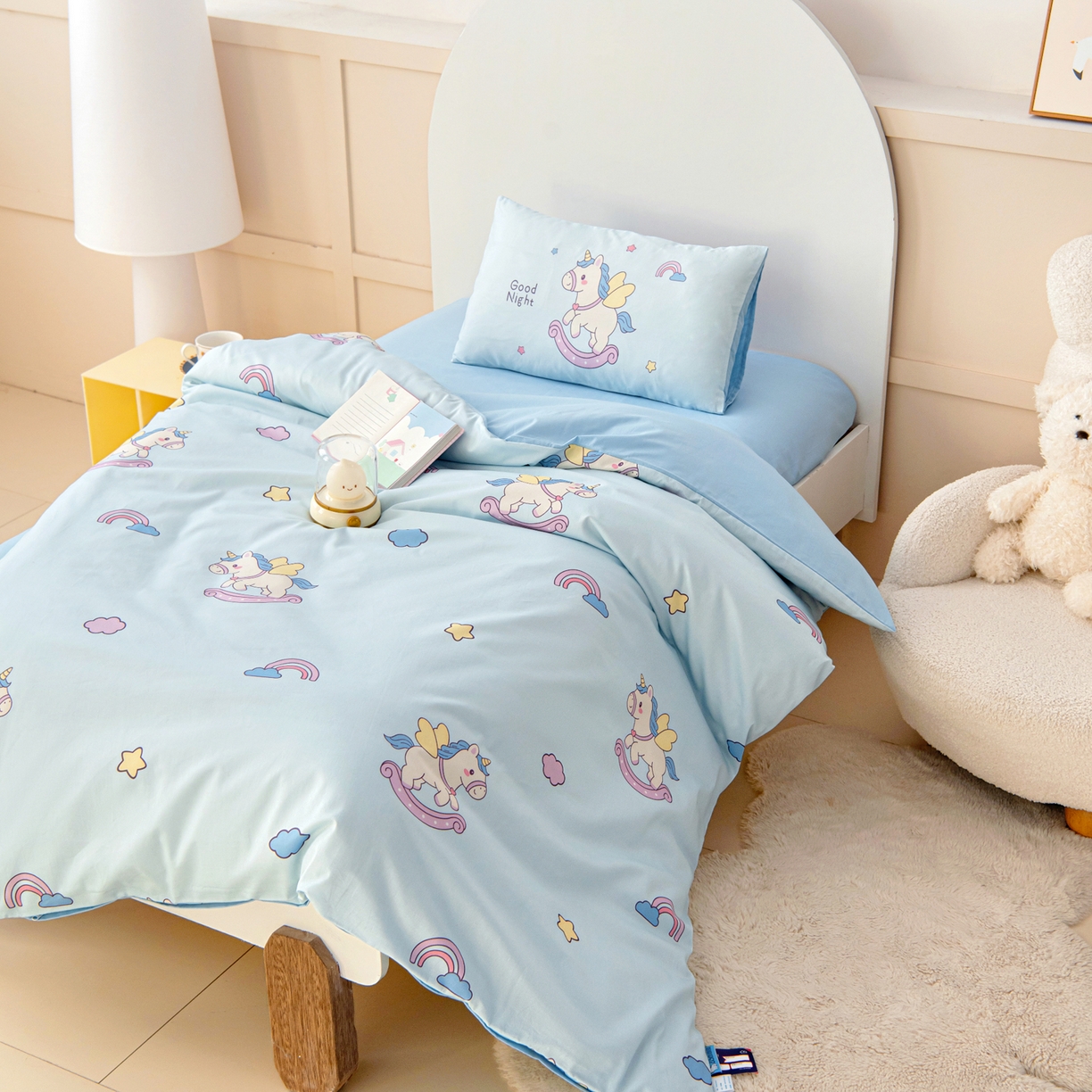 91家纺网 家纺一手货源 找家纺 御棉坊 2026新款A类全棉纯棉40S数码印花幼儿园入园三件套被子宝宝午睡被芯六件套 彩虹小马