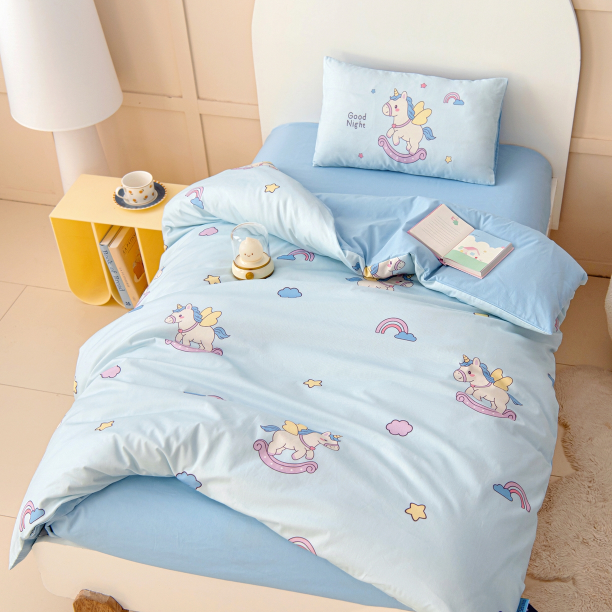 91家纺网 家纺一手货源 找家纺 御棉坊 2026新款A类全棉纯棉40S数码印花幼儿园入园三件套被子宝宝午睡被芯六件套 彩虹小马