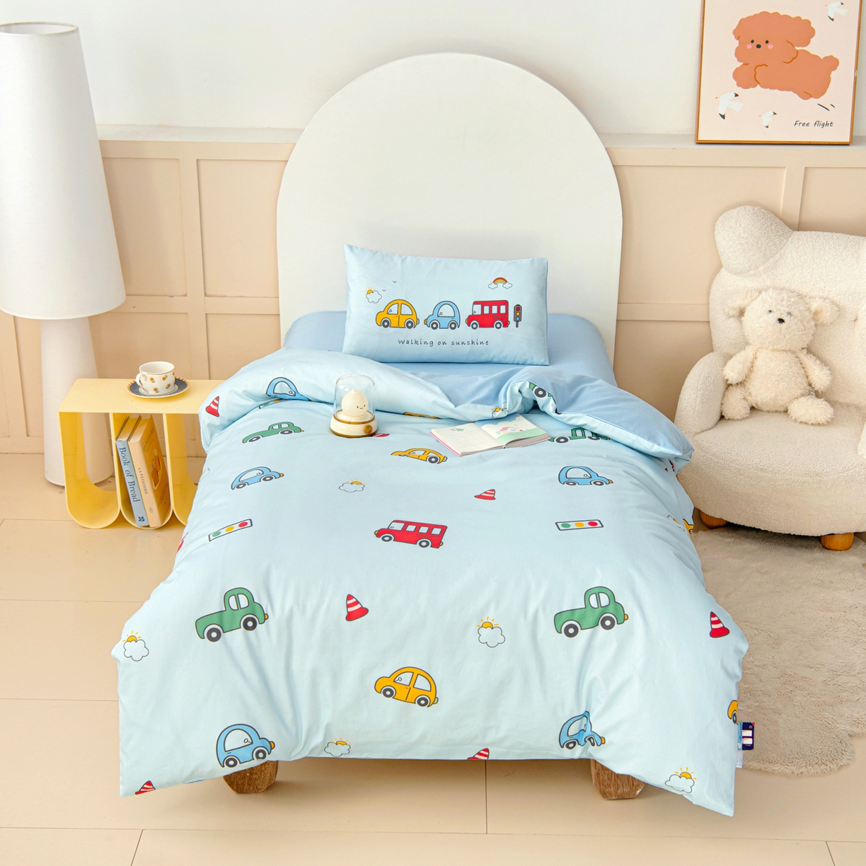 91家纺网 家纺一手货源 找家纺 御棉坊 2026新款A类全棉纯棉40S数码印花幼儿园入园三件套被子宝宝午睡被芯六件套 多彩小车