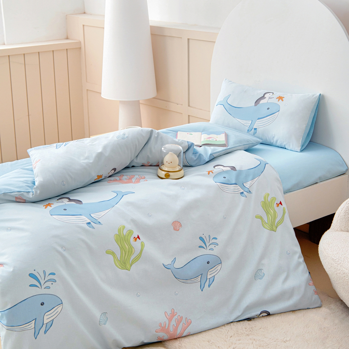 91家纺网 家纺一手货源 找家纺 御棉坊 2026新款A类全棉纯棉40S数码印花幼儿园入园三件套被子宝宝午睡被芯六件套 海底漫游记