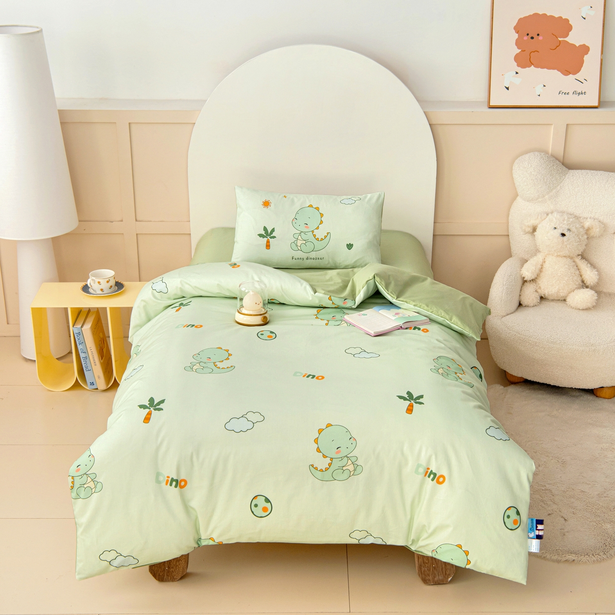 91家纺网 家纺一手货源 找家纺 御棉坊 2026新款A类全棉纯棉40S数码印花幼儿园入园三件套被子宝宝午睡被芯六件套 恐龙宝贝