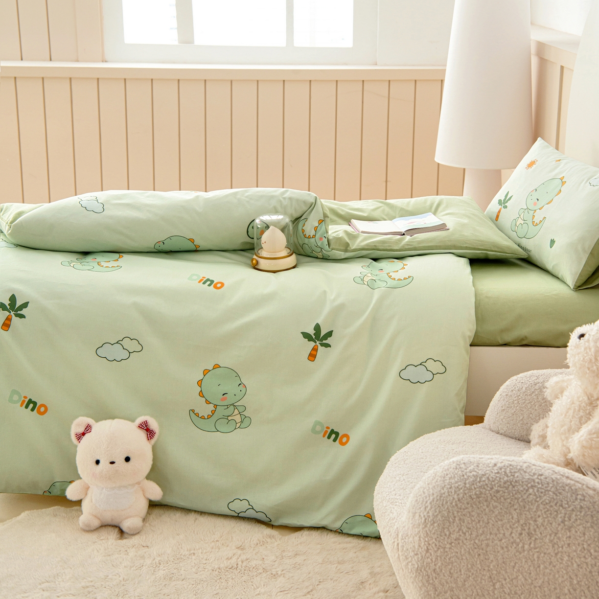 91家纺网 家纺一手货源 找家纺 御棉坊 2026新款A类全棉纯棉40S数码印花幼儿园入园三件套被子宝宝午睡被芯六件套 恐龙宝贝